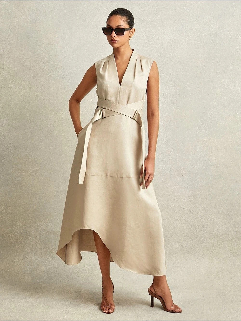Reiss Linen Lyocell Midi Dress in Natural Size 2 Like New